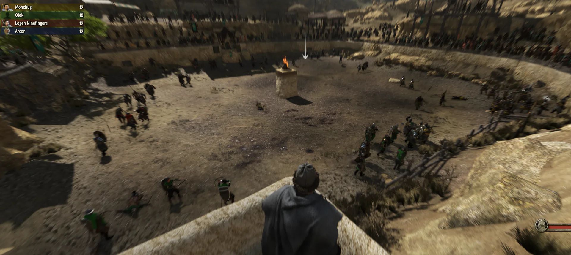 A spectator overlooking an arena, with combatants around a burning central brazier and four differently colored score rows at upper left. The peripheral radial blur is part of the original image.