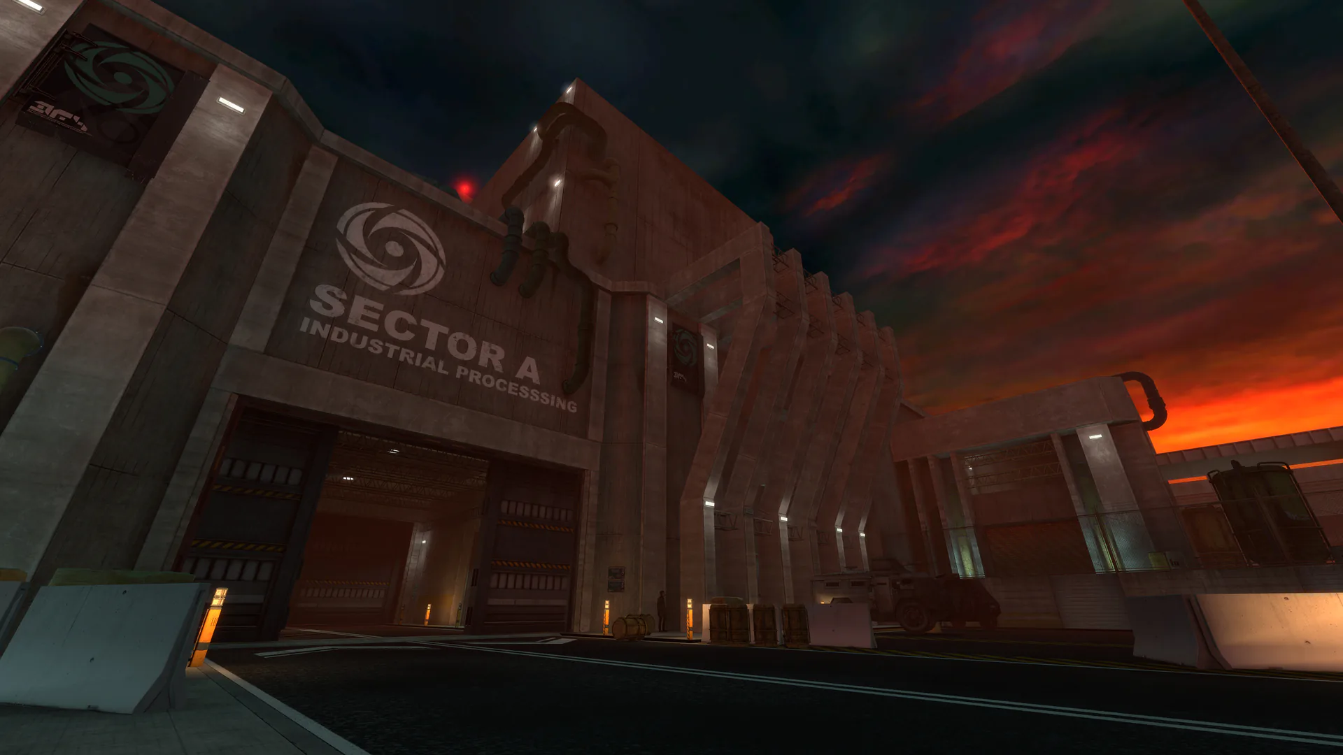 A concrete industrial building labeled Sector A Industrial Processing, with pipes, garage doors and a vehicle beneath a red sunset.