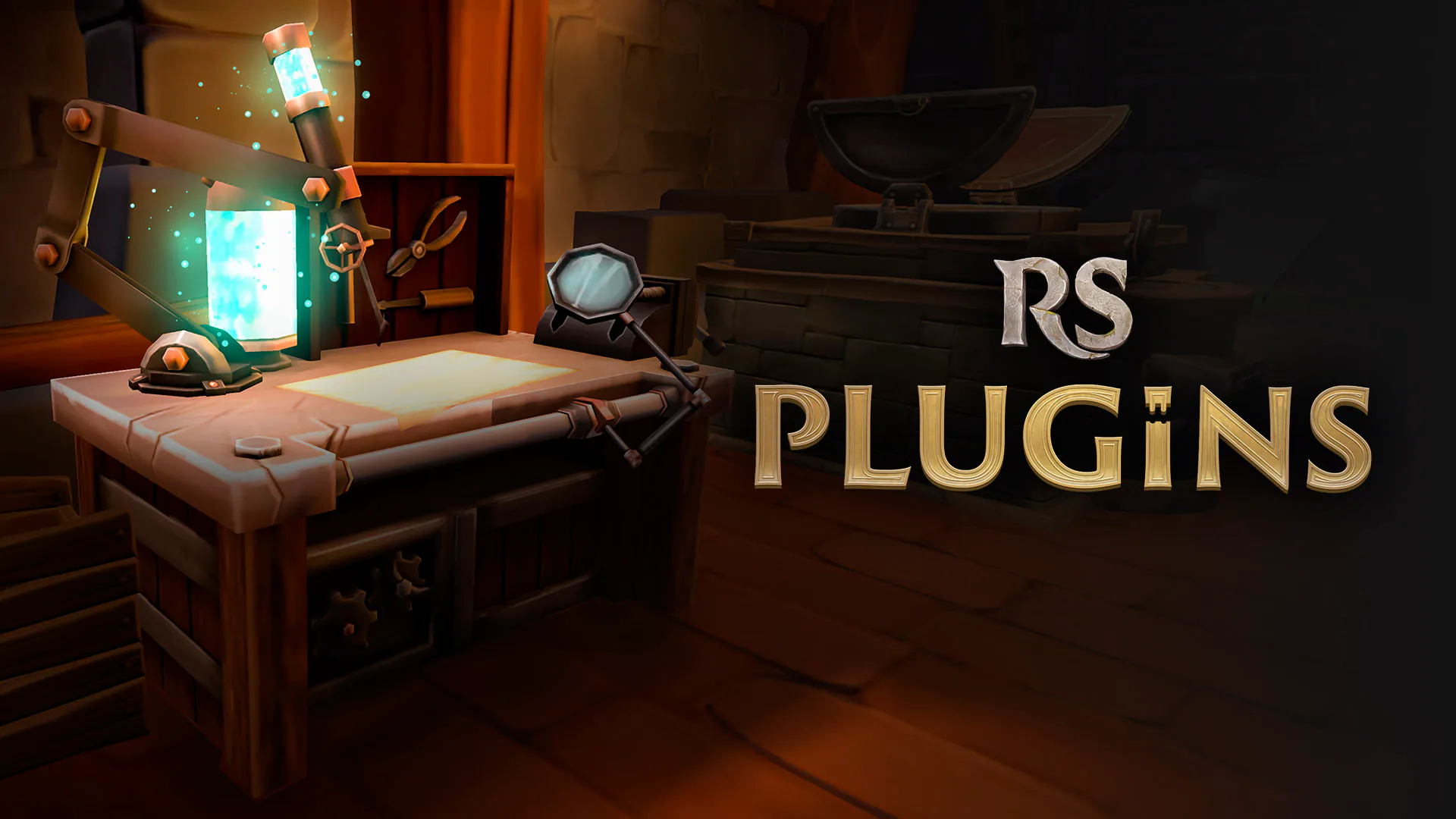 Official promotional illustration for the Plugin Hub launch, showing a workshop and a glowing device with RS Plugins lettering. This is promotional artwork, not a gameplay screenshot, and it does not show any plugin in action.