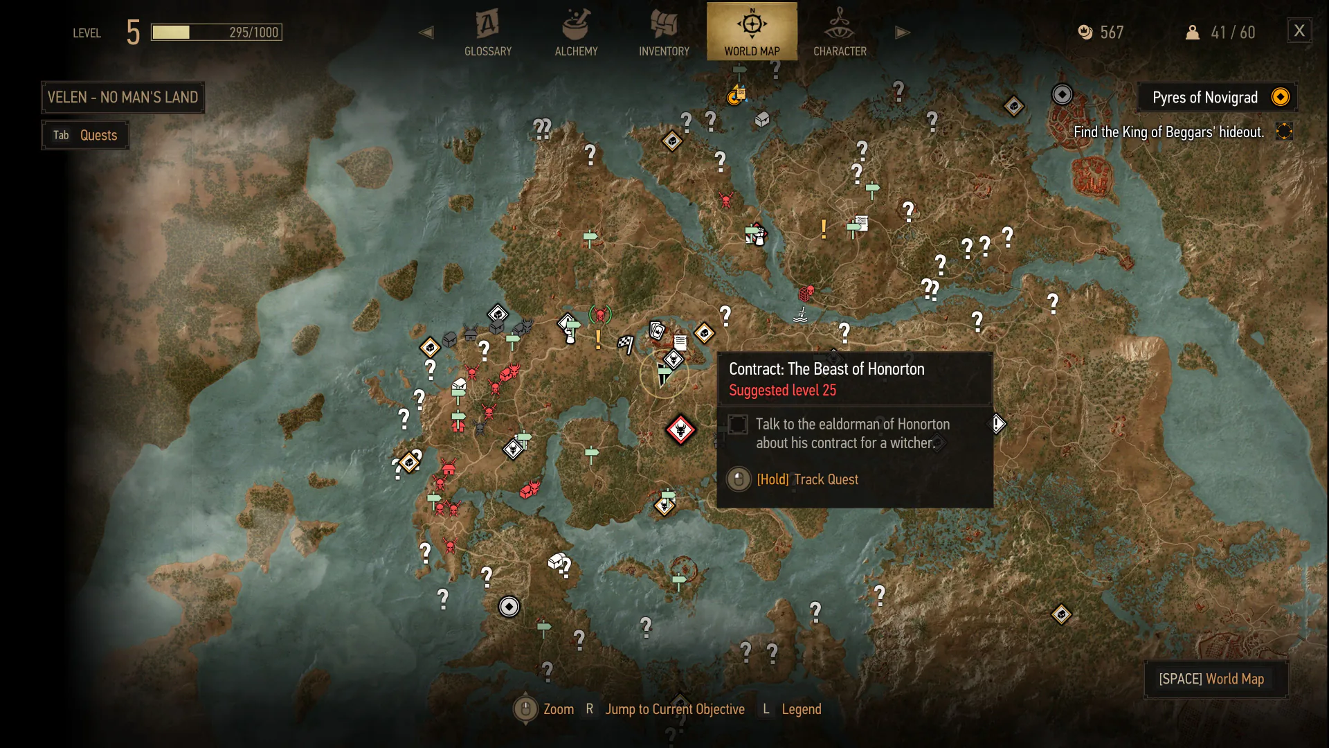 The Velen world map as presented on the project page as the modded side of a comparison, with varied icons, a Beast of Honorton contract tooltip and a suggested level of 25.
