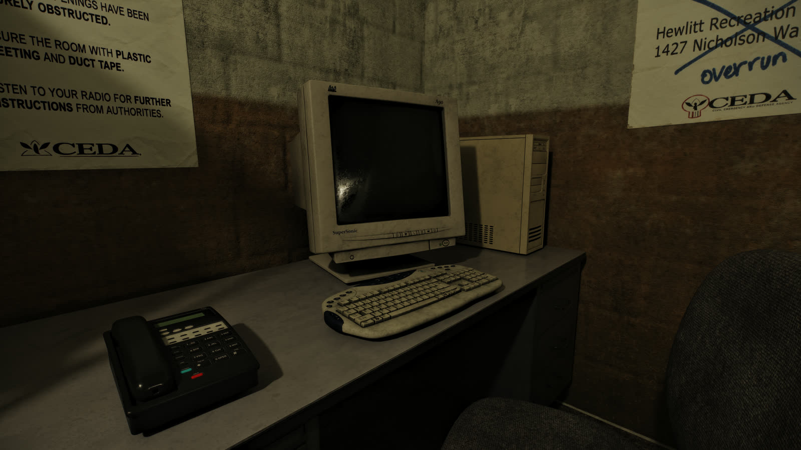A desk, computer, and telephone under rebuilt lighting in Left 4 Dead RTX.