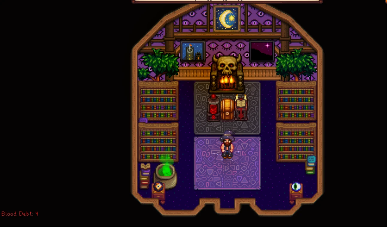 The Sacrificial Altar and Blood Essence Harvester in a decorated Stardew Valley room. The fireplace is not part of Blood Magic.