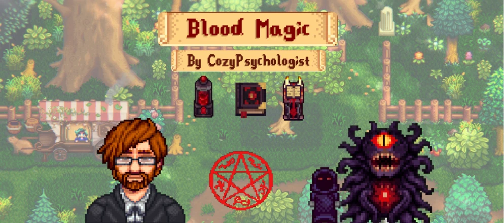 Blood Magic title artwork showing Dr. Aldric Voss, ritual equipment, an occult symbol, and The Unending in Stardew Valley.