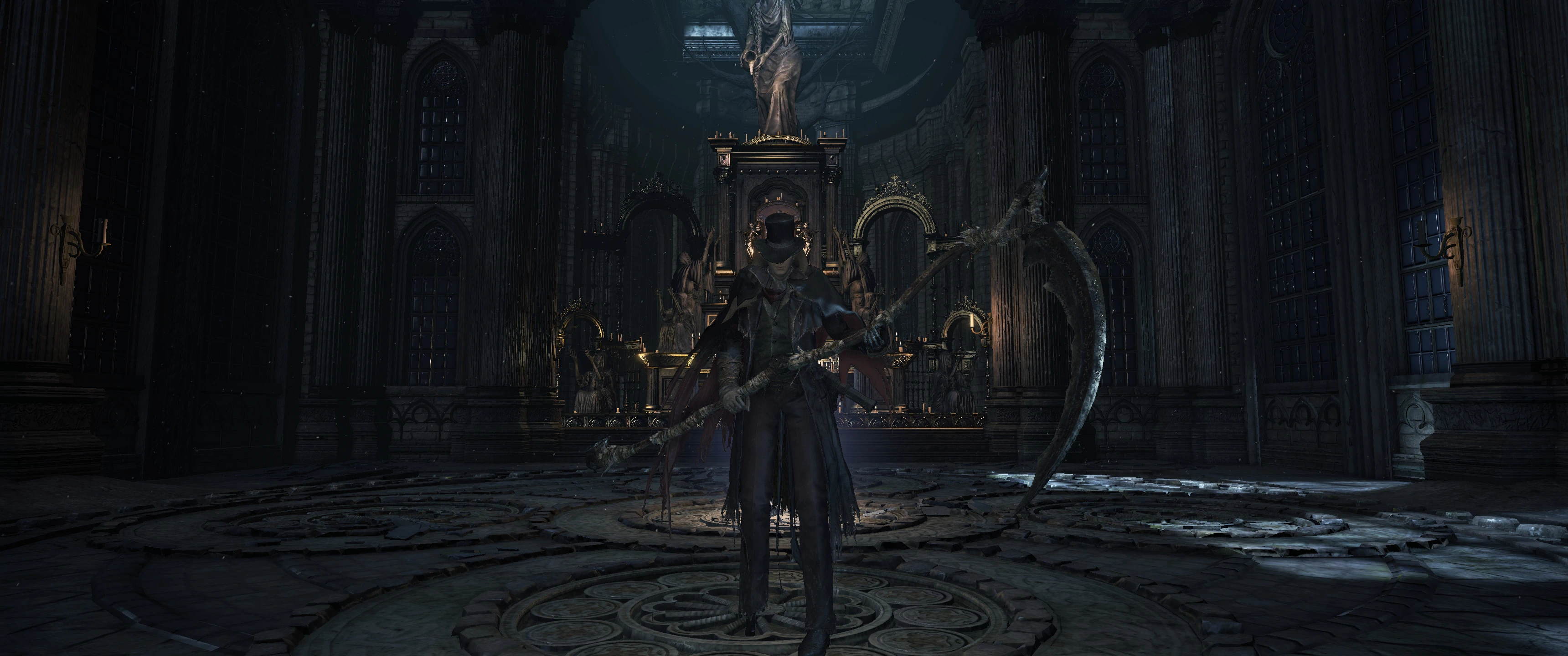 A hunter holds Gehrman’s curved Burial Blade in the creator’s gameplay screenshot.