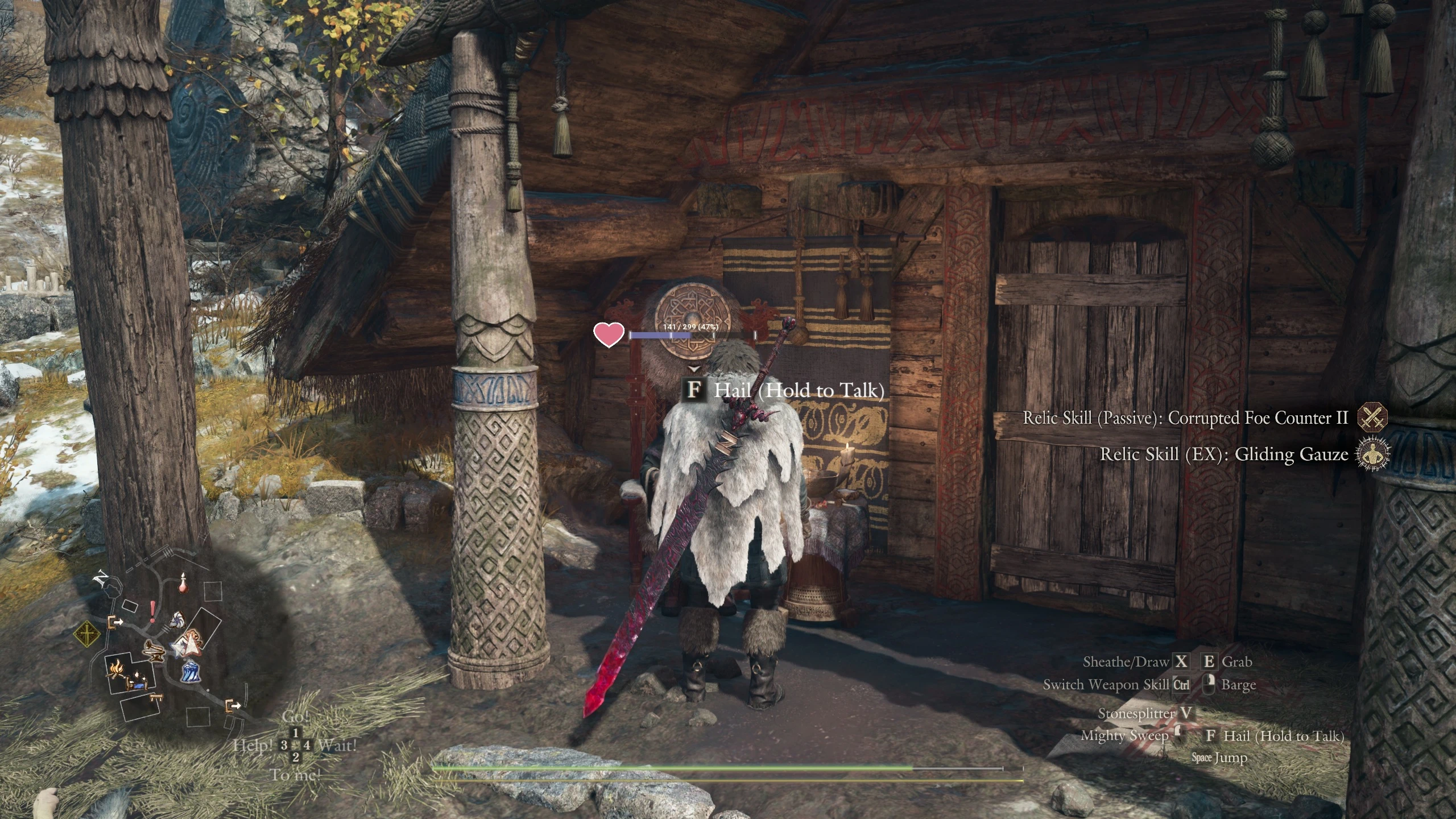 The player stands at Jiera’s counter as relic-skill materials appear on screen.