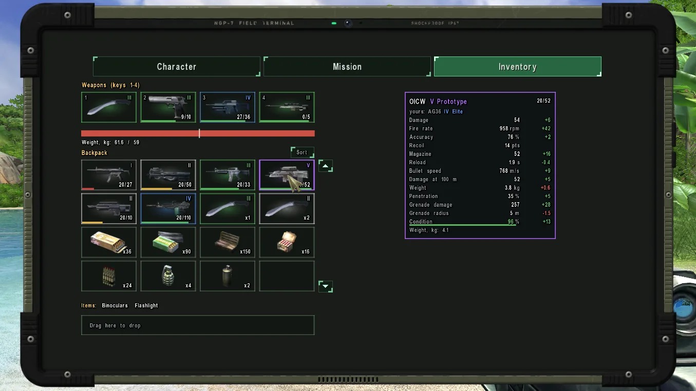 NGPlus’s creator screenshot shows the field terminal, inventory grid and weapon comparison.