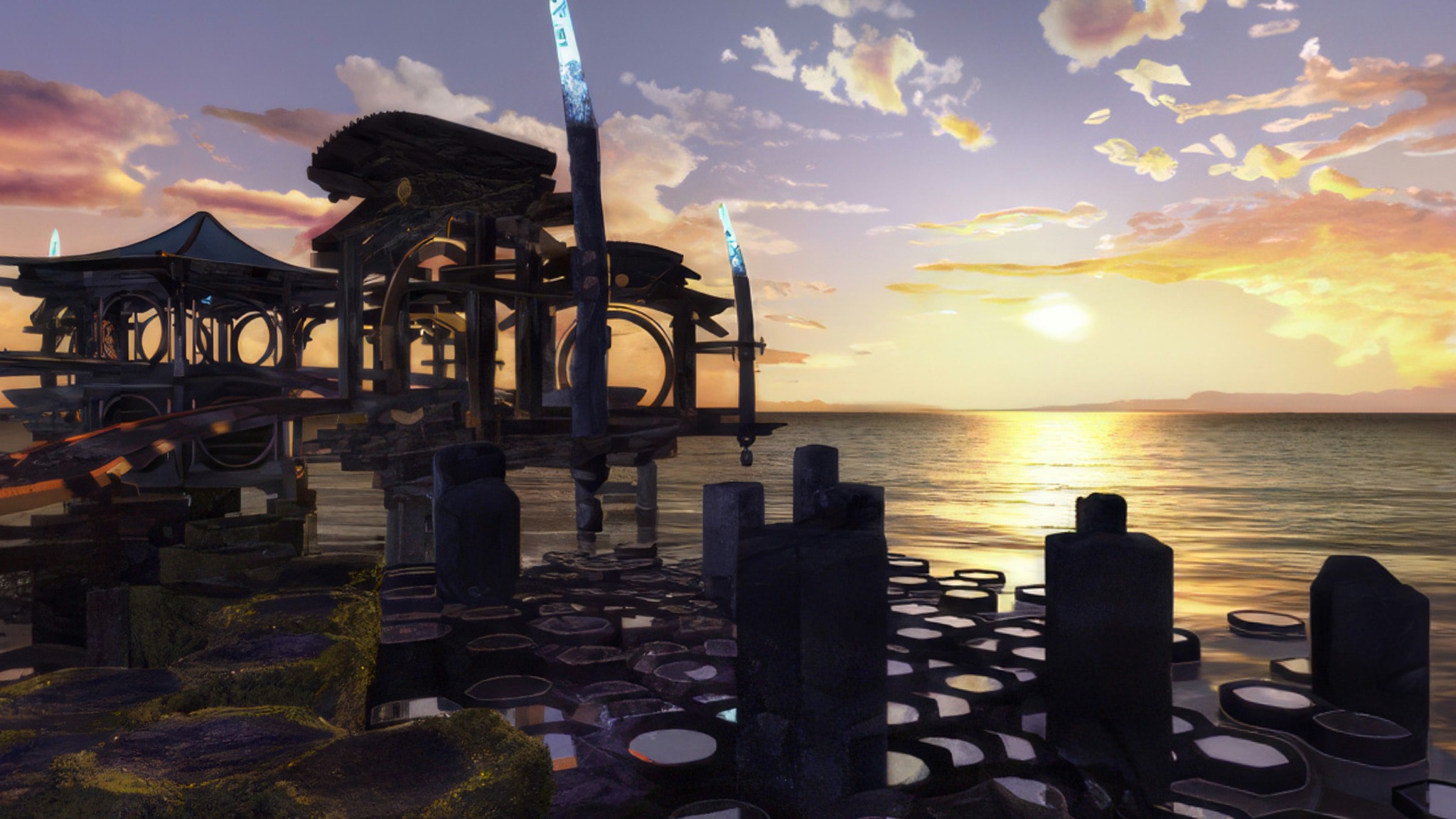 A sunset over Amateria's mechanical structures and coastal waters in Myst III: Exile HD.