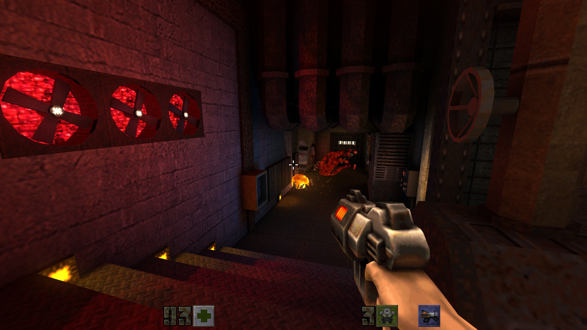 A first-person view of a red-lit industrial interior in Quake II: Apple Trees. This is illustrative project gameplay, not proof of a specific v0.45 addition.