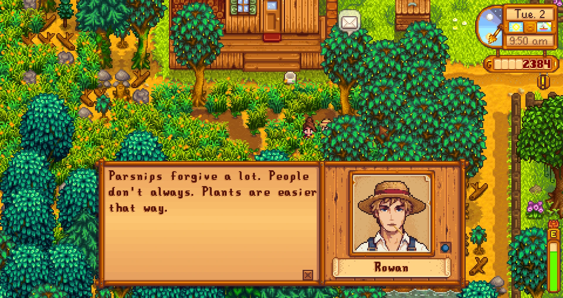 In Stardew Valley, Rowan appears in a dialogue box over a garden scene, with the line, “Parsnips forgive a lot. People don't always.” This illustrates existing NPC dialogue, not the new meetup feature.