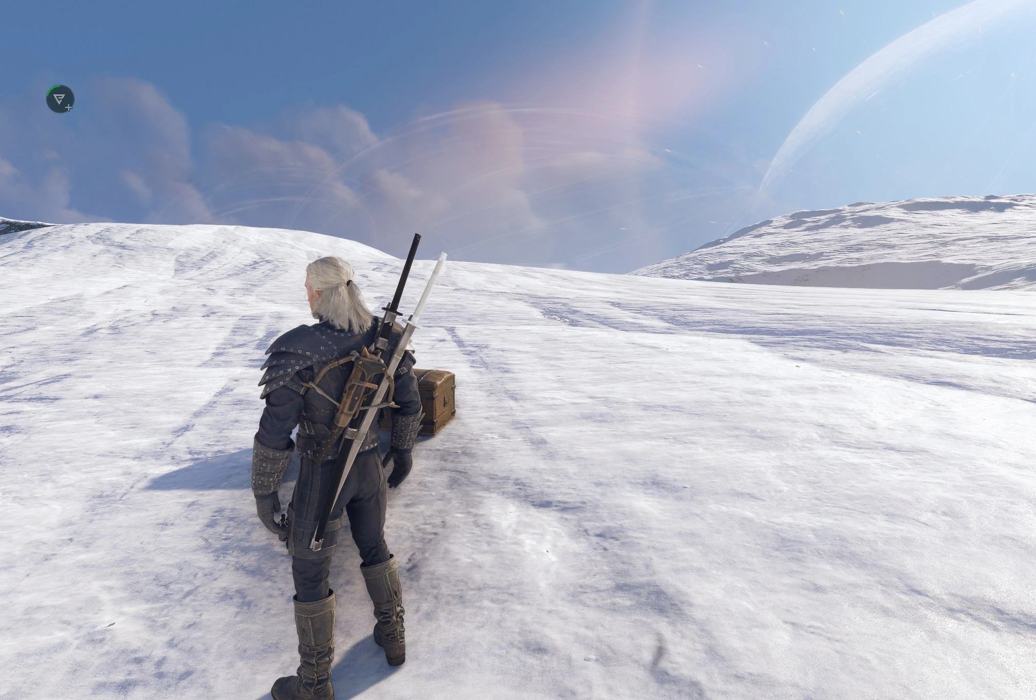 Geralt explores the snowy setting in yotaxd’s Back to the Future quest mod.