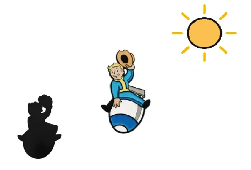 Faster Shadows promotional artwork featuring a cartoon character, sun and shadow.