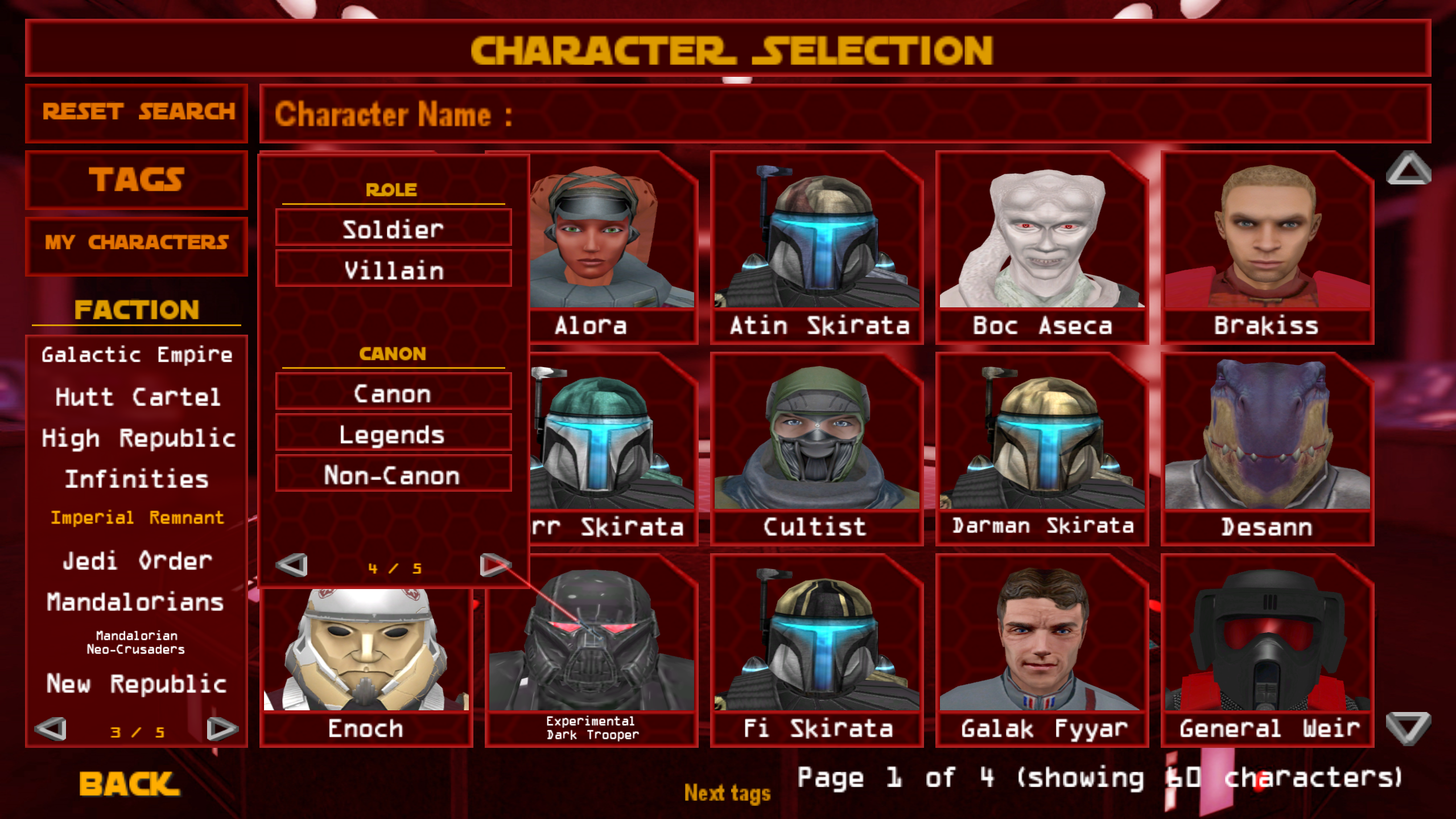 Galactic Legacy development screenshot showing character selection filters and portraits.