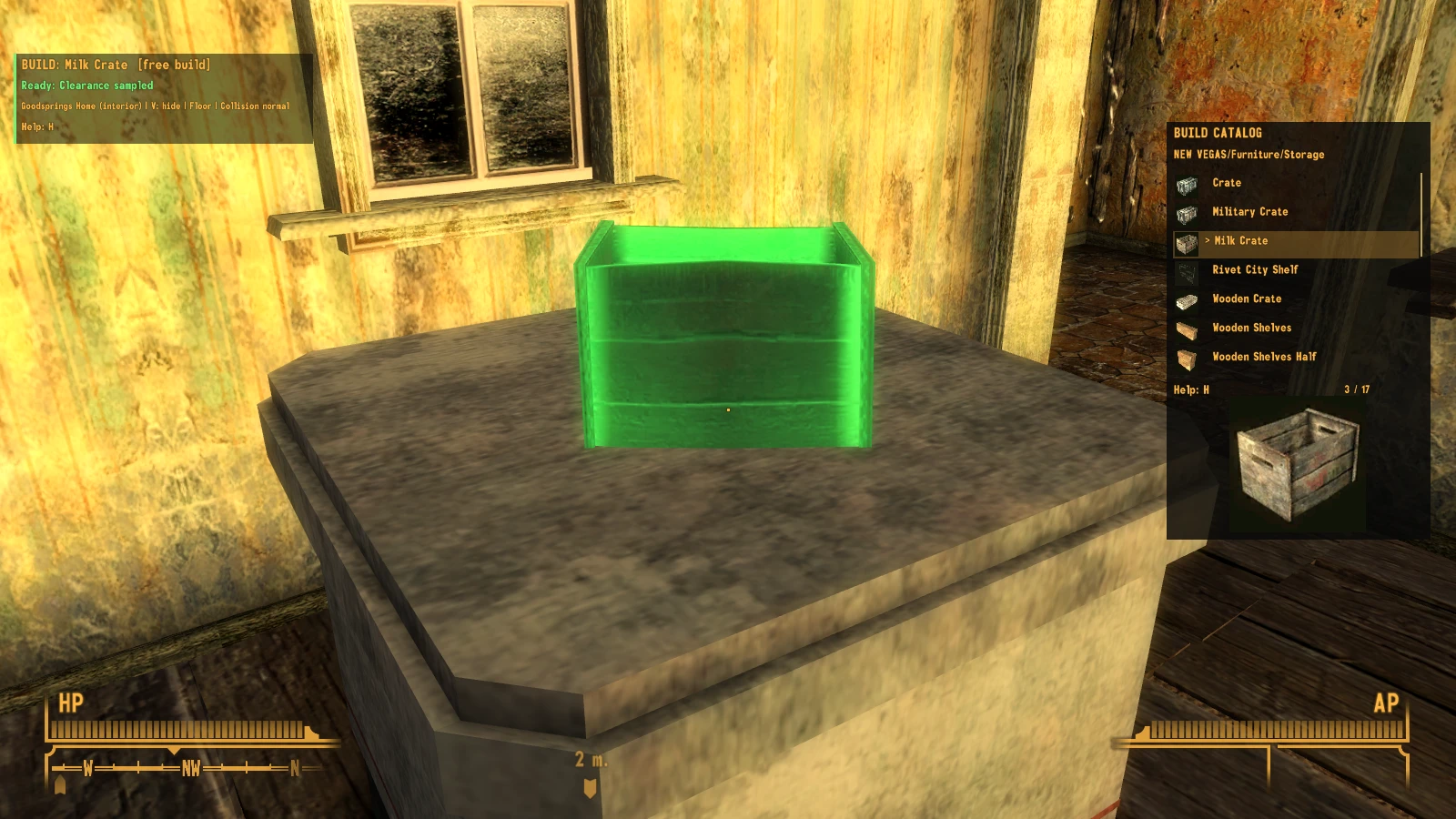 New Vegas Build Mode placement interface with a green-highlighted crate preview.