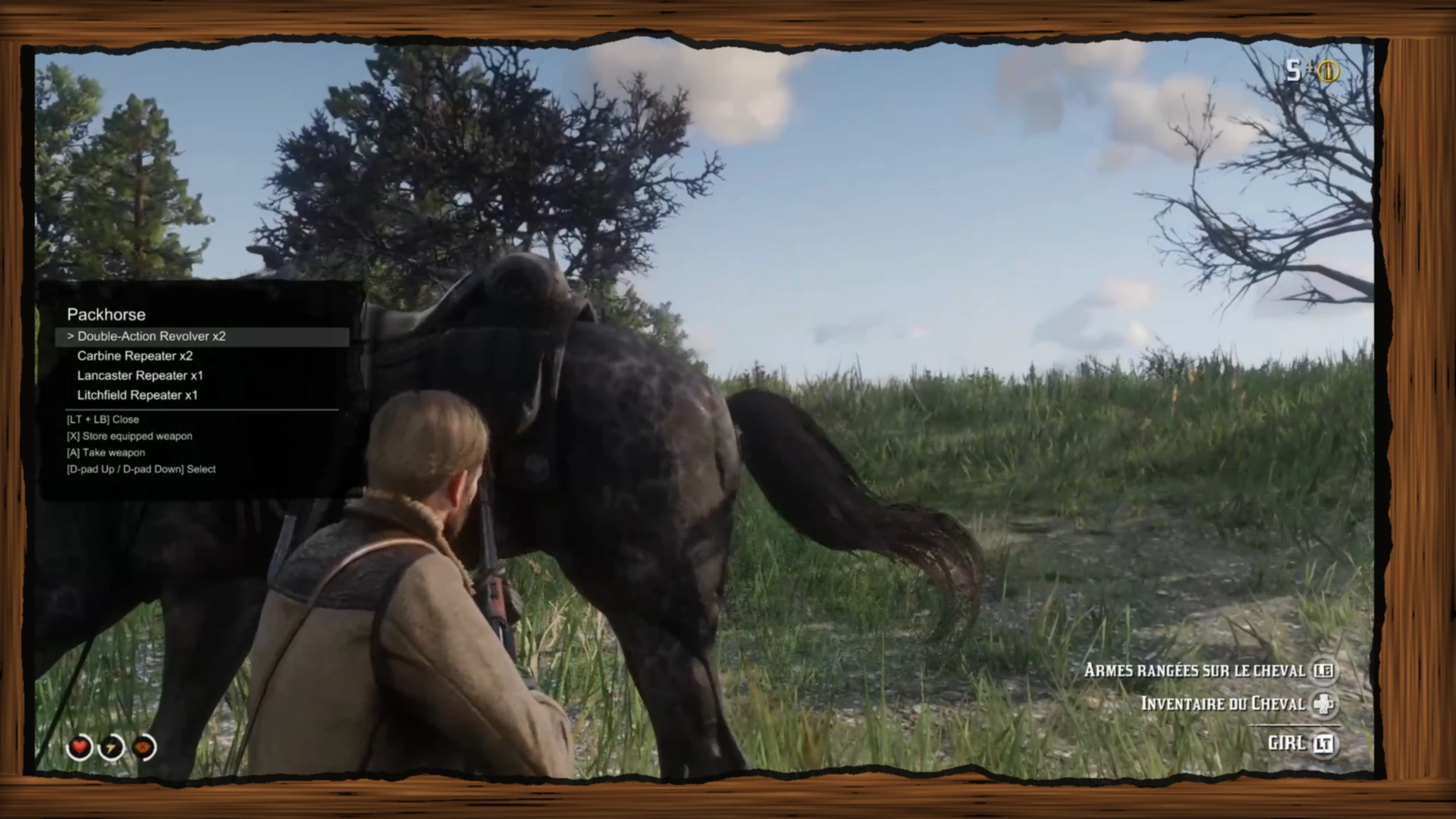 Pack Horse gameplay image showing a character beside a horse with the mod interface visible.