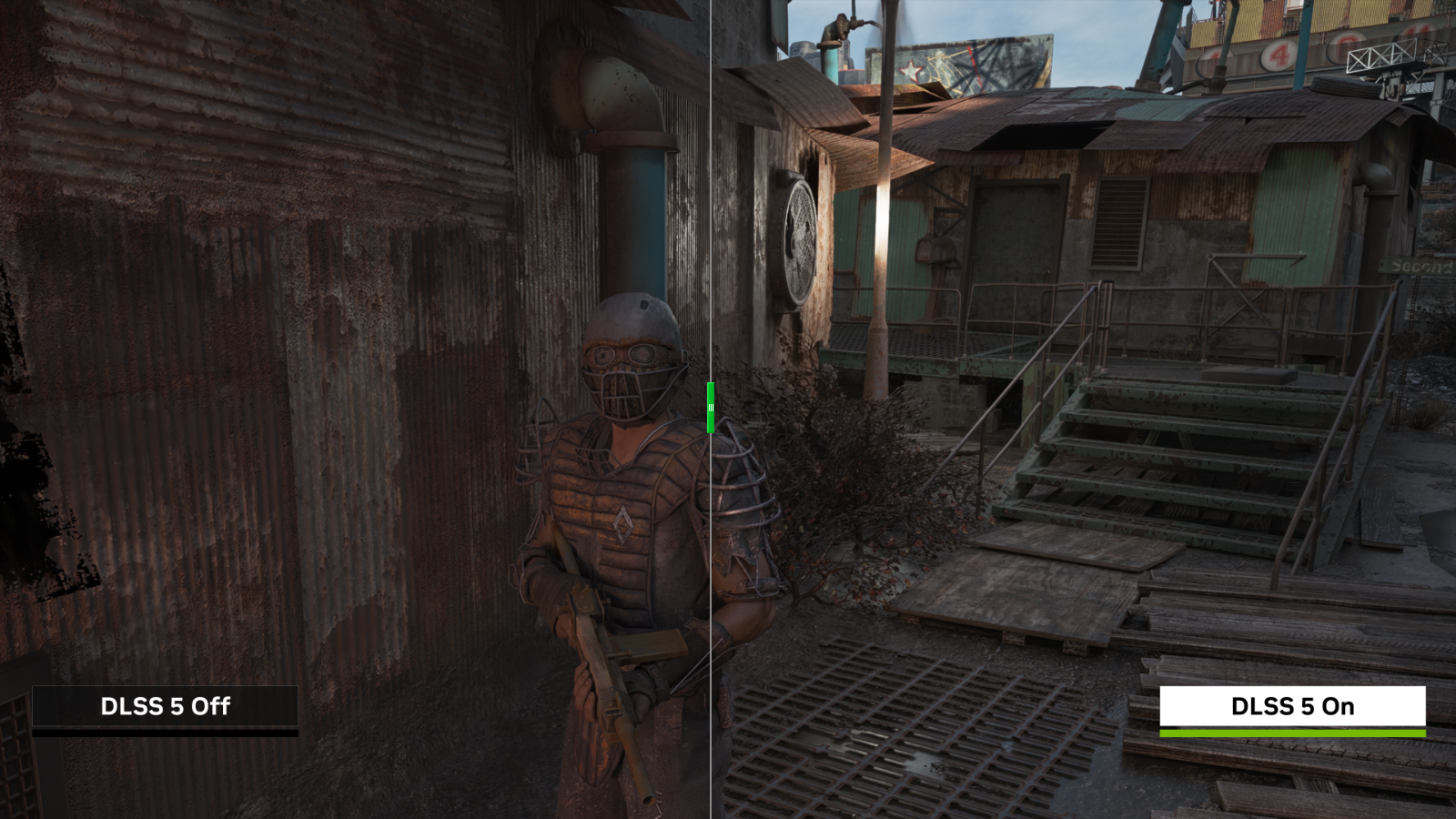 Official NVIDIA RTX Remix release comparison showing DLSS 5 off and on in Fallout 4.