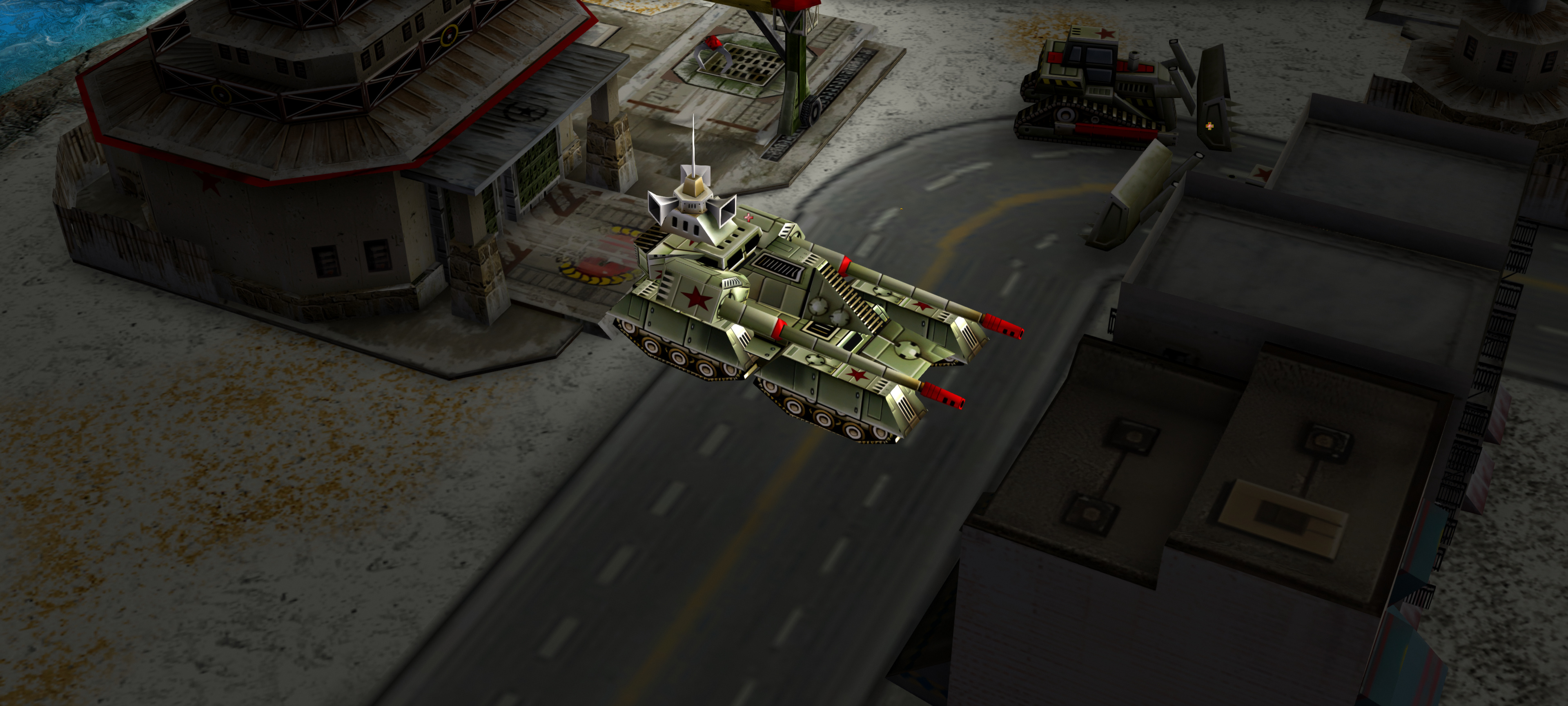 Zero Hour Reimagined screenshot showing an Overlord tank beside buildings.