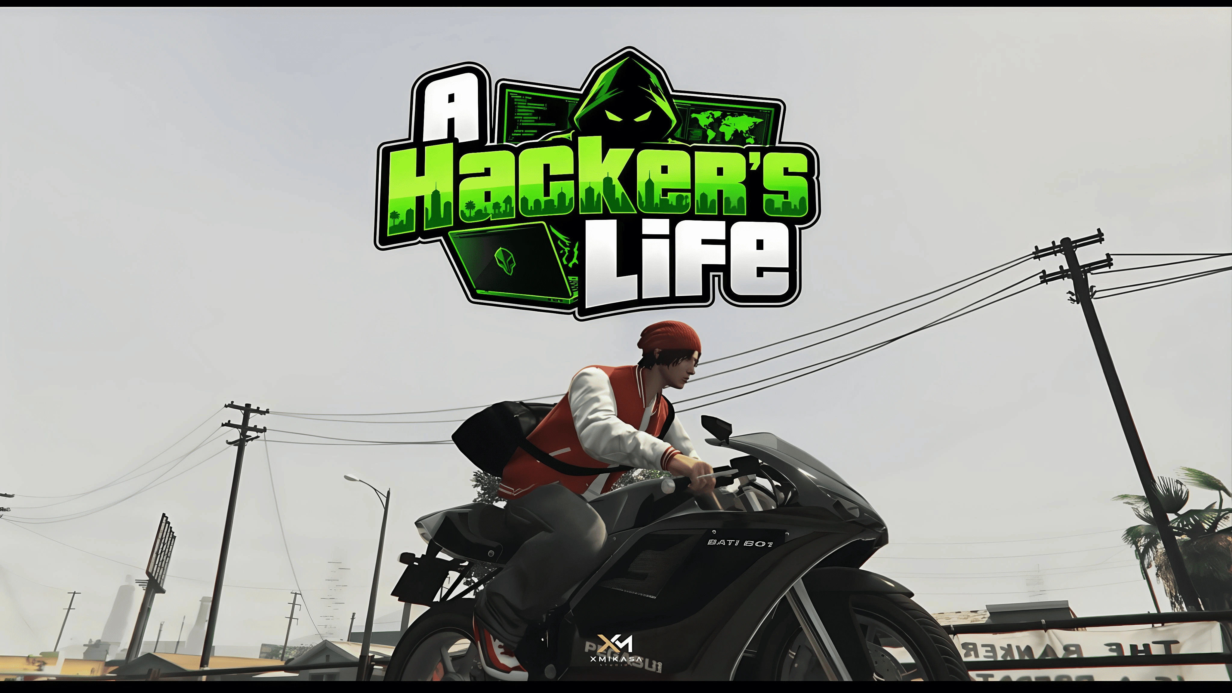 Creator promotional artwork for A Hacker’s Life, featuring the project logo and a GTA V motorcyclist.