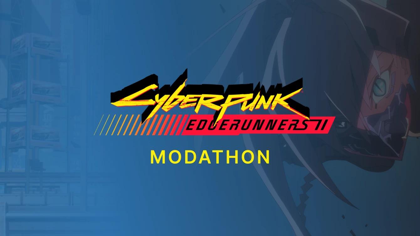 The Cyberpunk Modathon 2026 promotional graphic displays the event title and Cyberpunk-themed artwork.