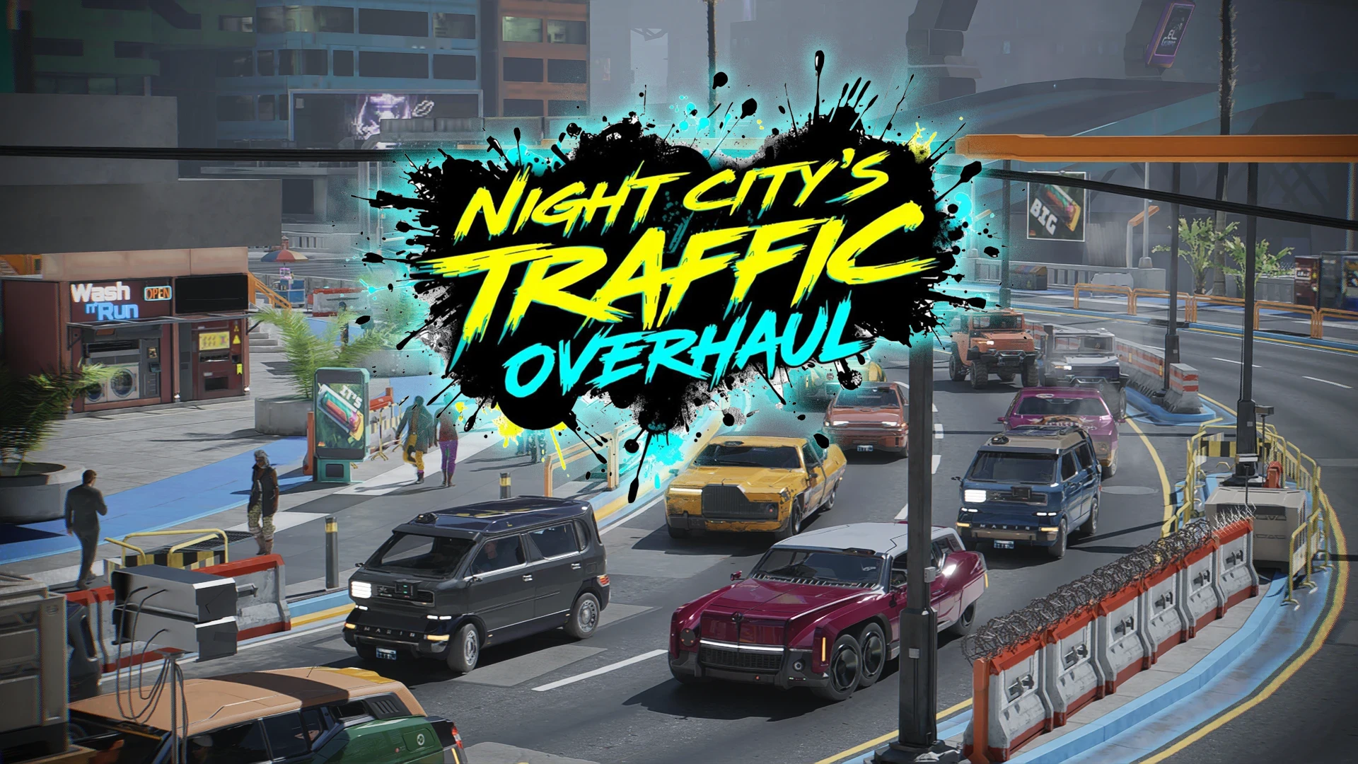 Night City Traffic Overhaul title artwork showing vehicles on a neon-lit Cyberpunk 2077 street.