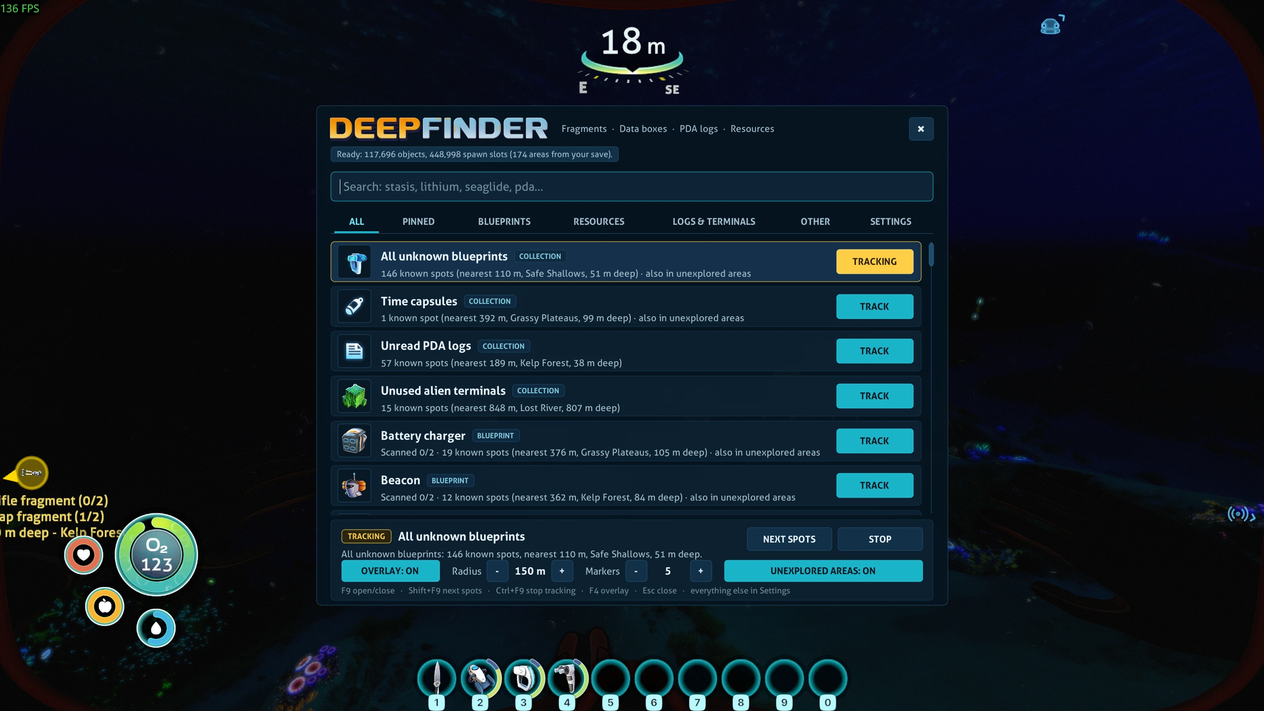 Creator screenshot of DeepFinder’s search window and tracking controls in Subnautica.