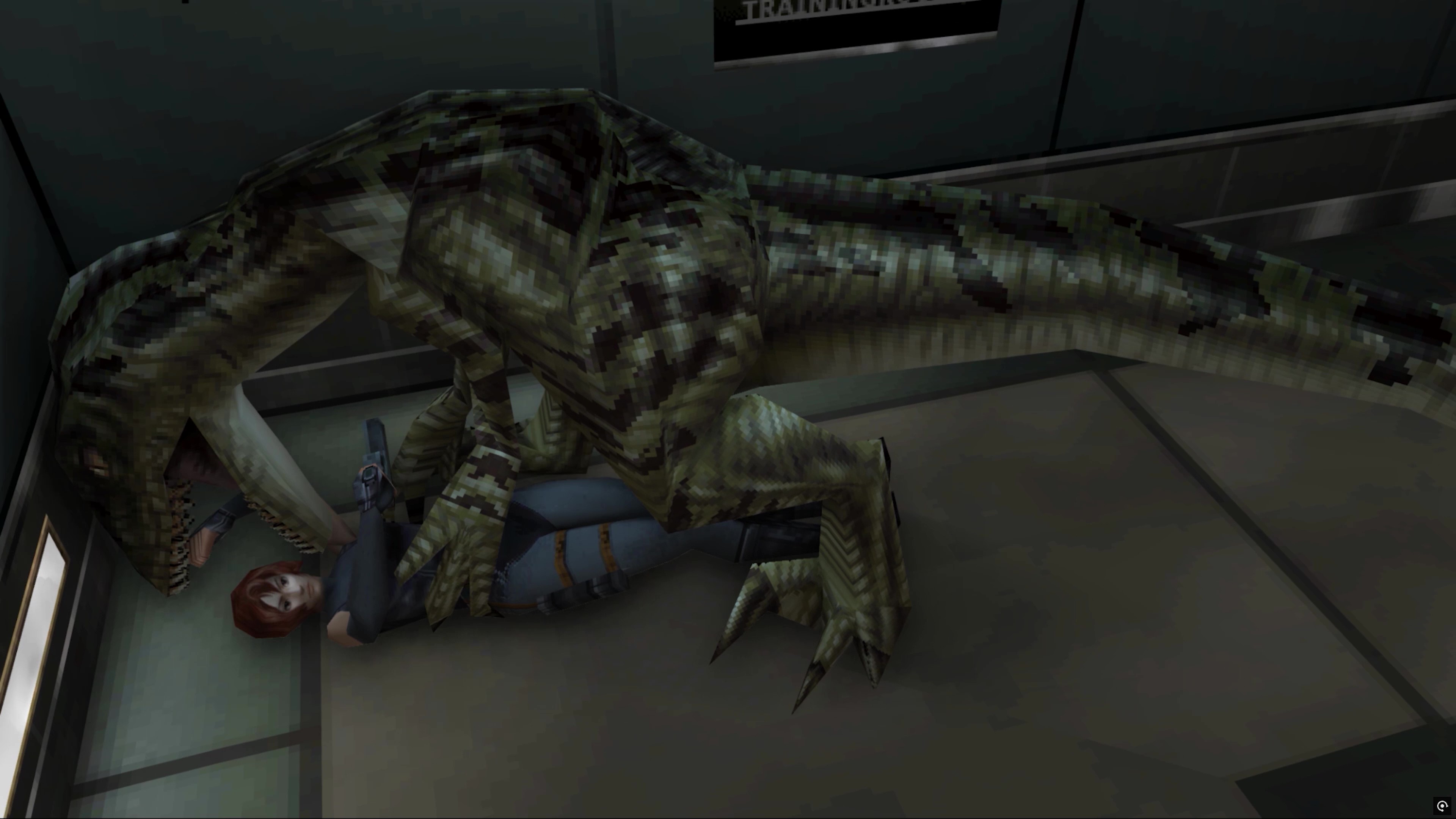 Regina faces a dinosaur in a Dino Crisis Modern Edition creator launch still.