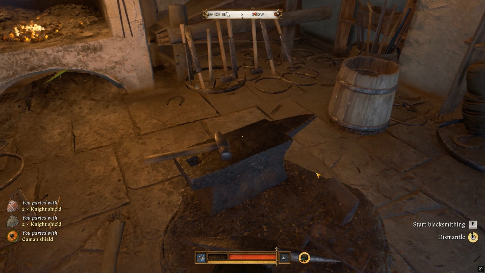 The Dismantle command appears beside a smithing anvil in Kingdom Come: Deliverance II.