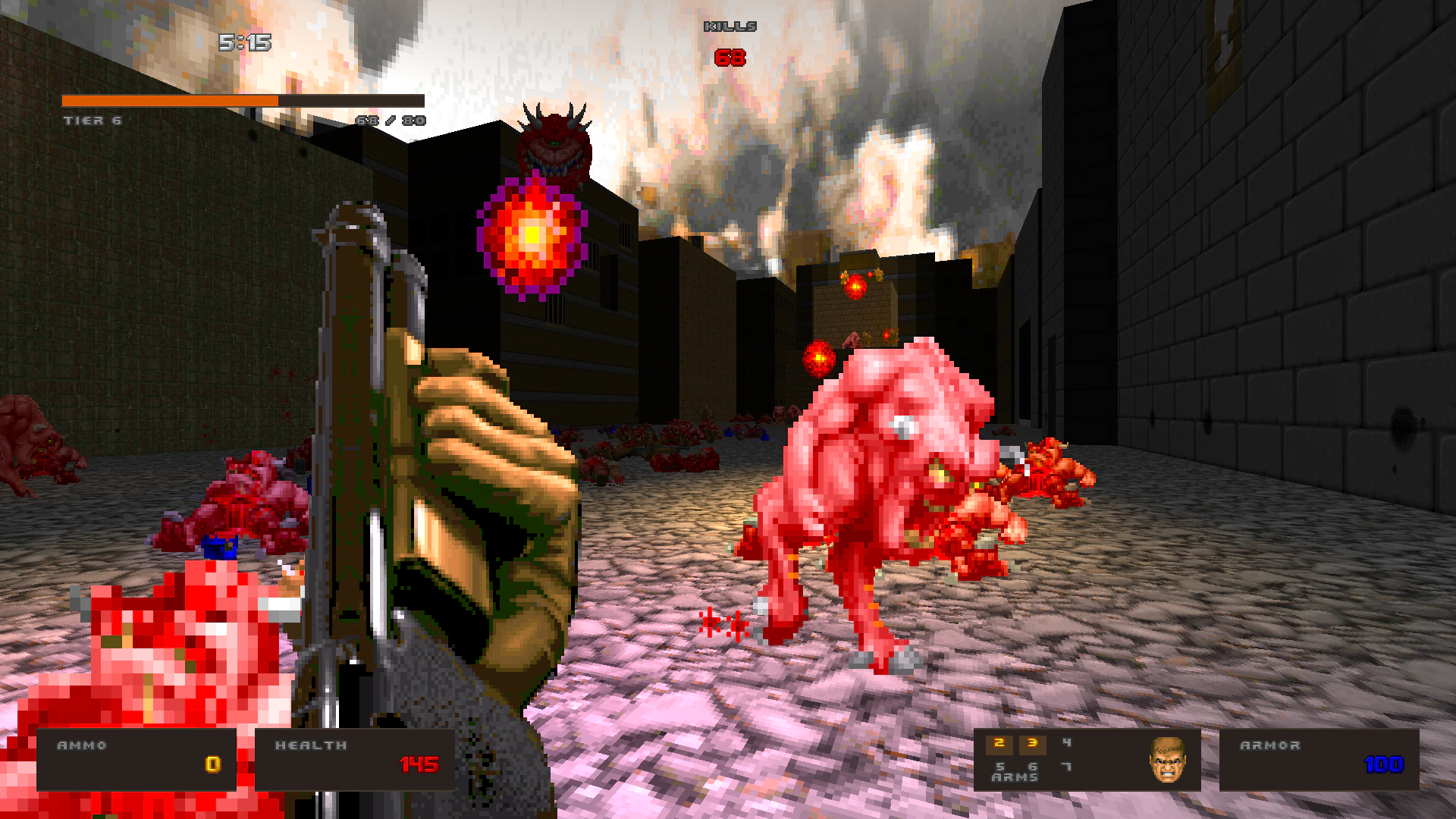 Pixel-art demon combat fills the DawnTown arena in a 20 Minutes Till DOOM 1.2 screenshot.