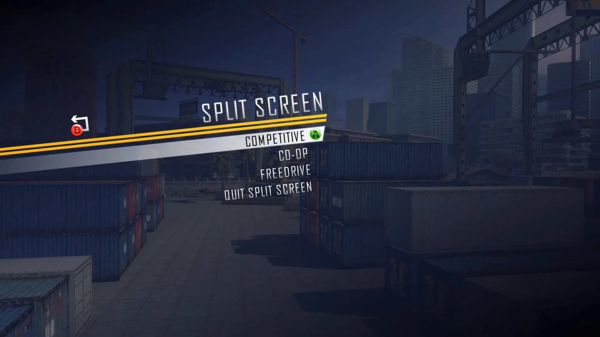 The restored Driver: San Francisco Split Screen menu lists Competitive, Co-op, and Freedrive modes.