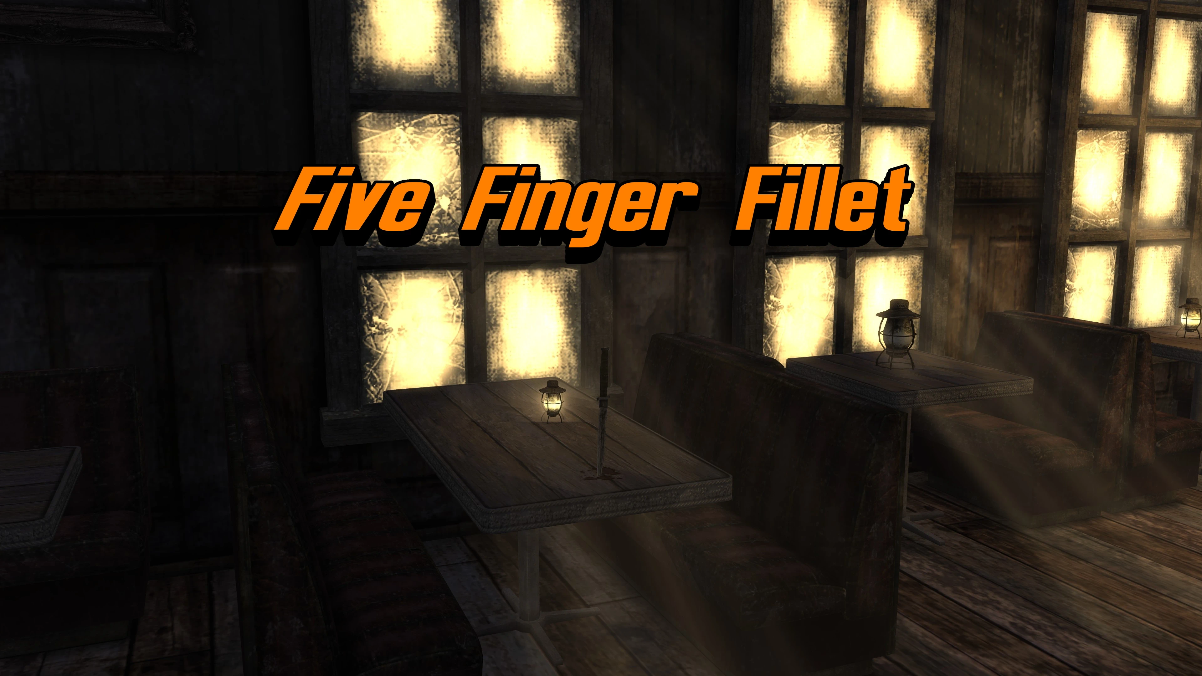 Five Finger Fillet promotional artwork shows saloon tables with upright knives in Fallout: New Vegas.