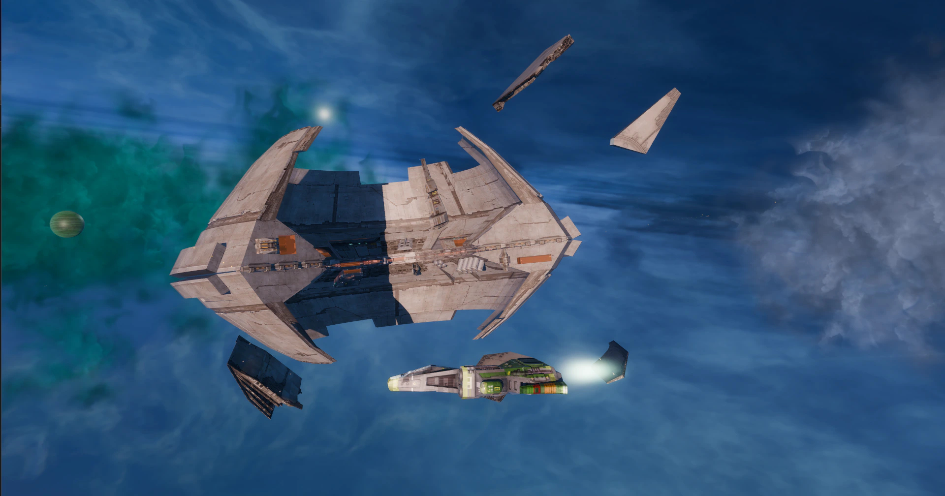 A Freehold 8 station and ship appear against a blue nebula in an archive Homeworld: Rise of Hiigara screenshot.