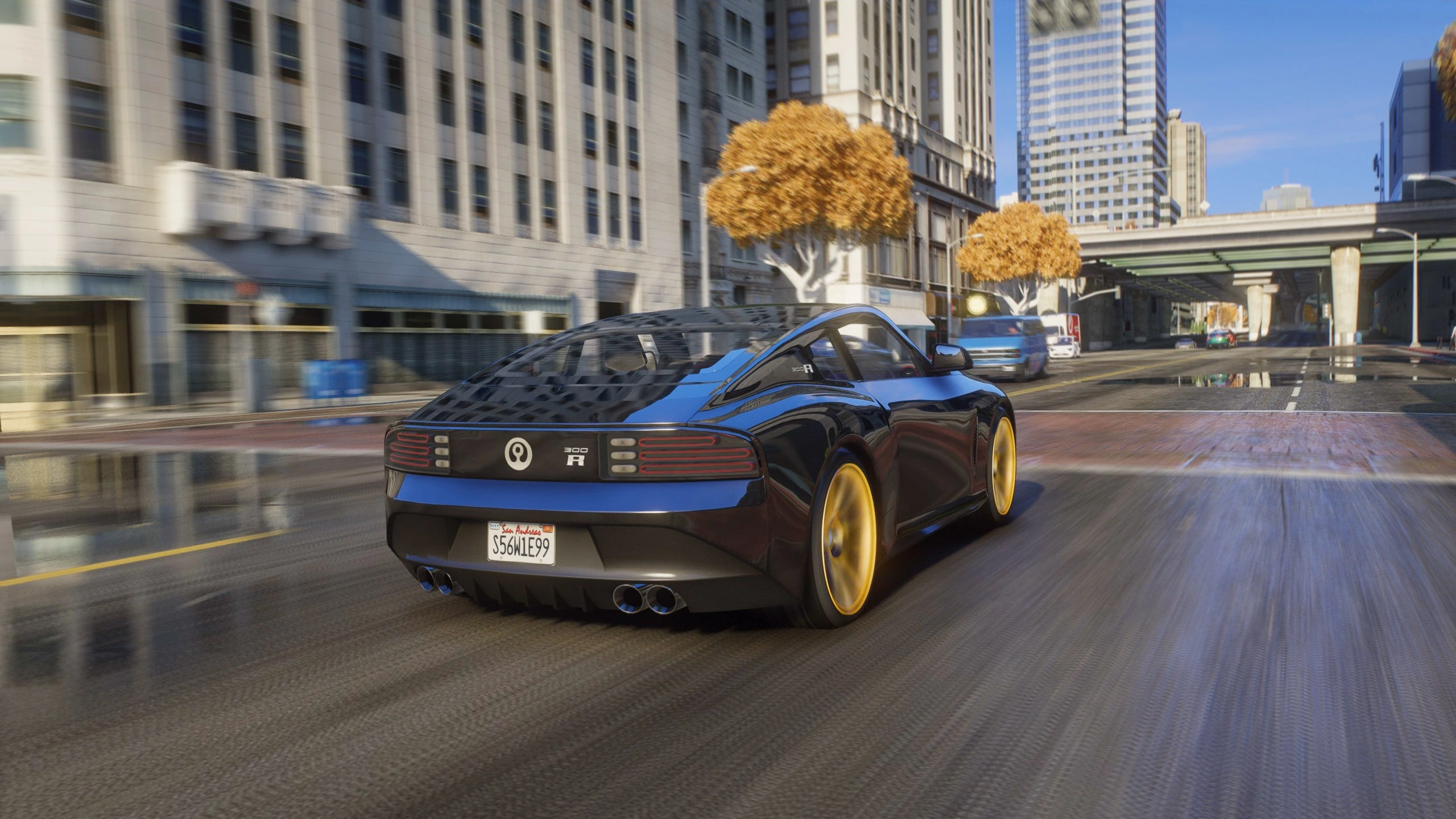 A sports car drives down a city street with motion blur in an EVEM creator promotional image.