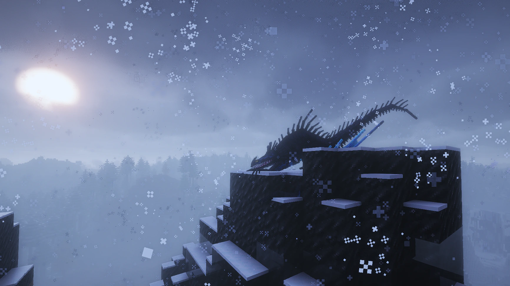 A Skrill rests on a snowy Minecraft mountain using the creator's enhanced shader and resource-pack setup.