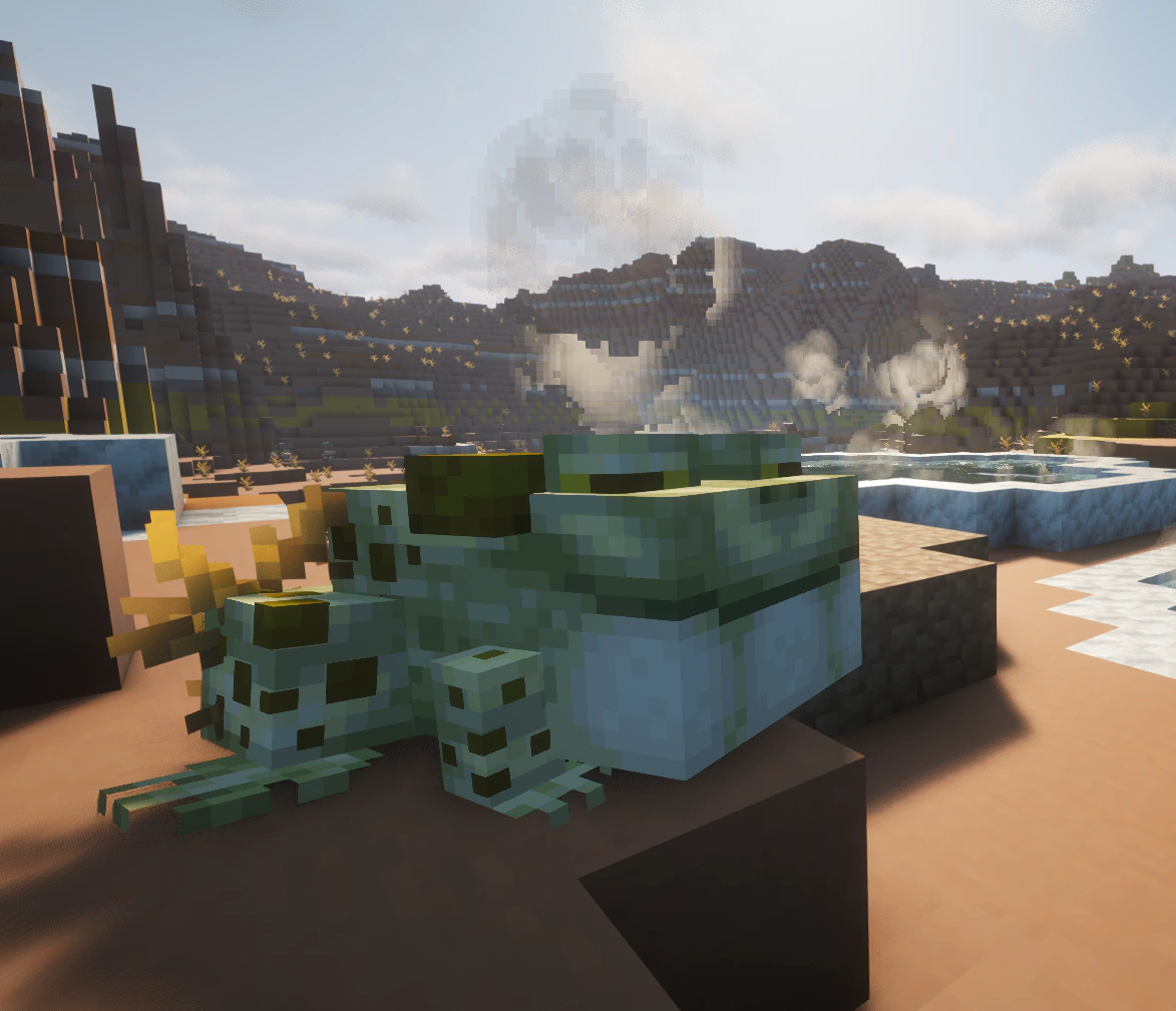 A giant Minecraft toad sits in a hot spring in a Creature Corner creator gallery image.