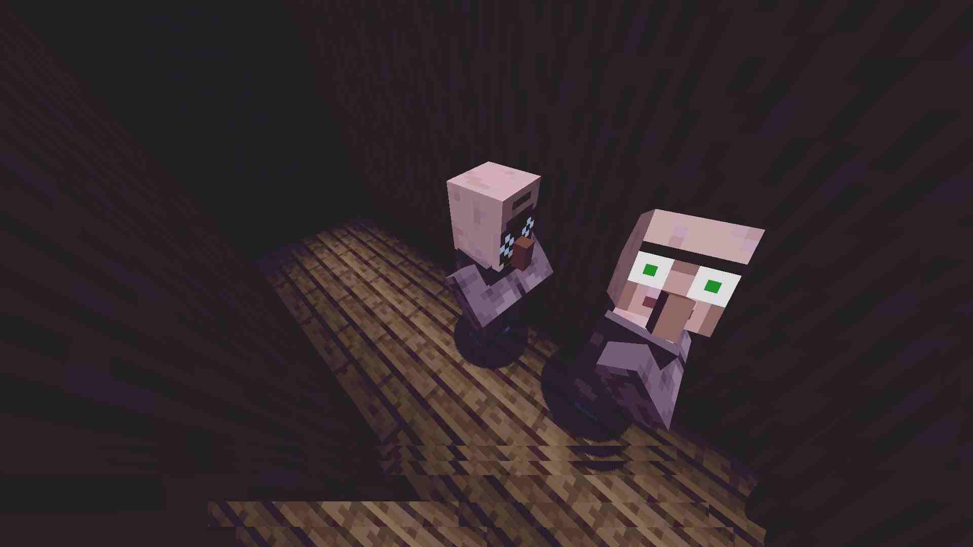 Two Minecraft villagers stand in a dark interior in a representative Psycho Villagers gallery image.