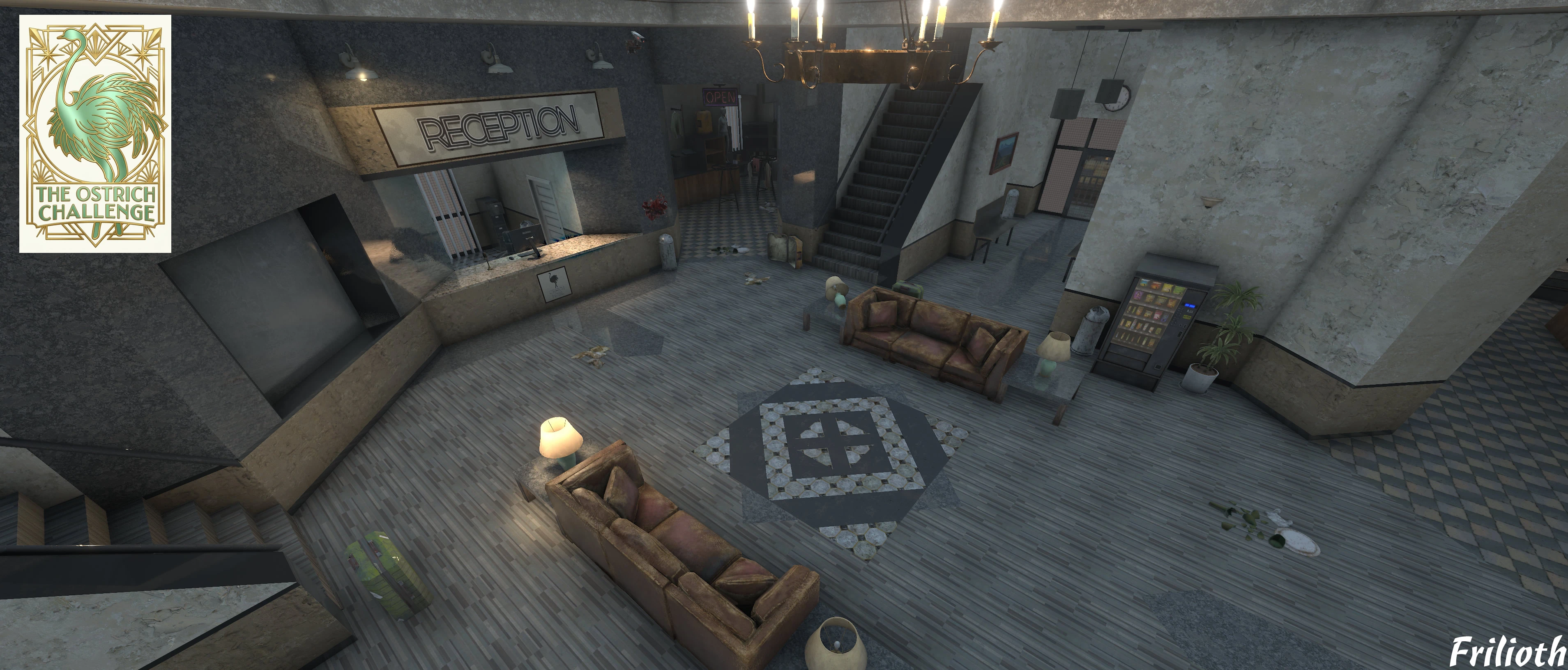Frilioth's Ostrich Hotel Challenge promotional image shows the hotel's reception lobby, the setting for a new permadeath survival scenario.