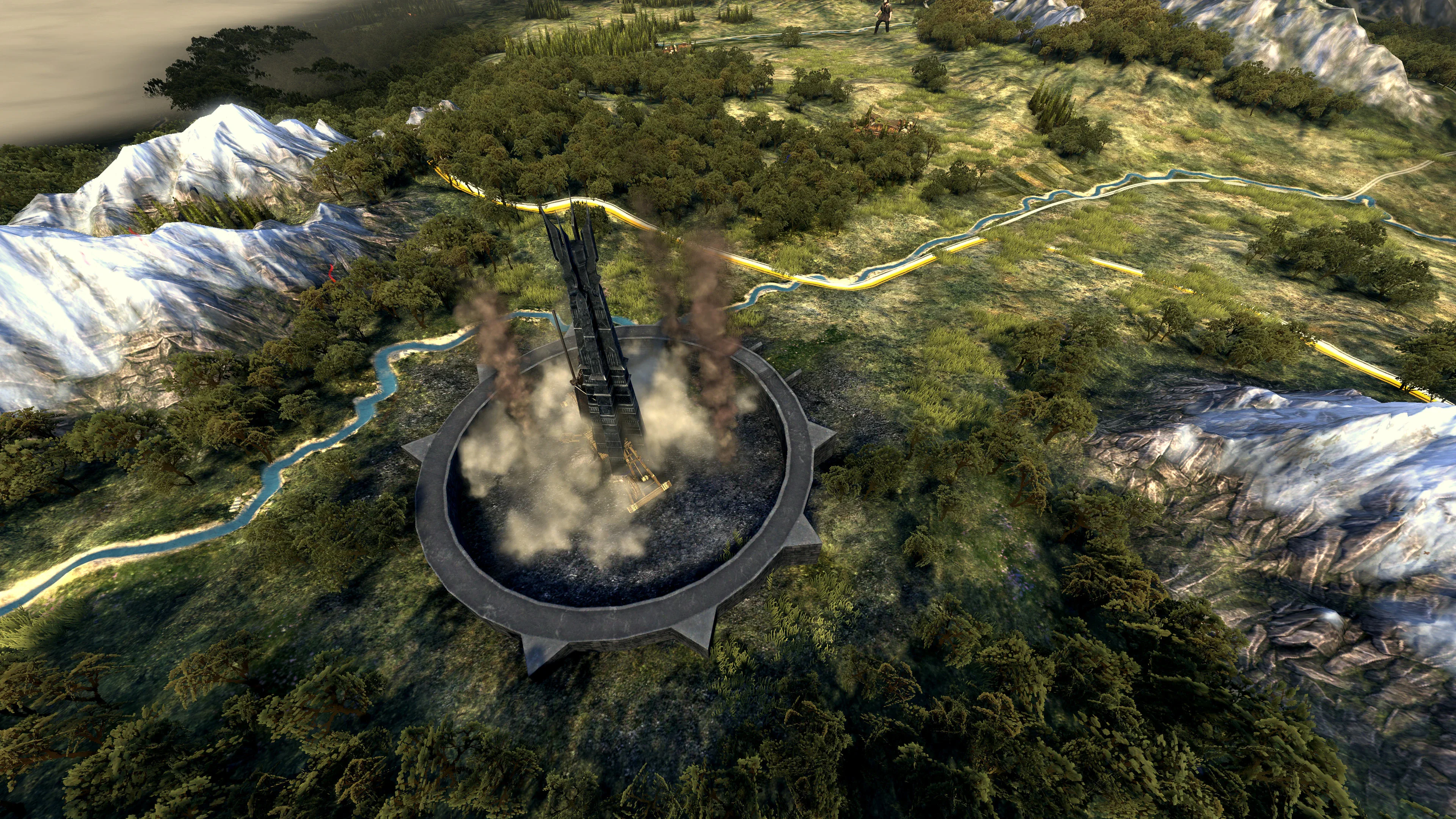 Armies gather across a Middle-earth campaign landscape in an earlier promotional screenshot for The Dawnless Days.