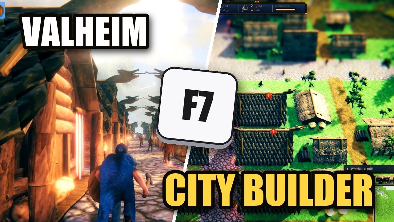 A Valheim City Builder promotional composite shows a settlement and its top-down management interface.