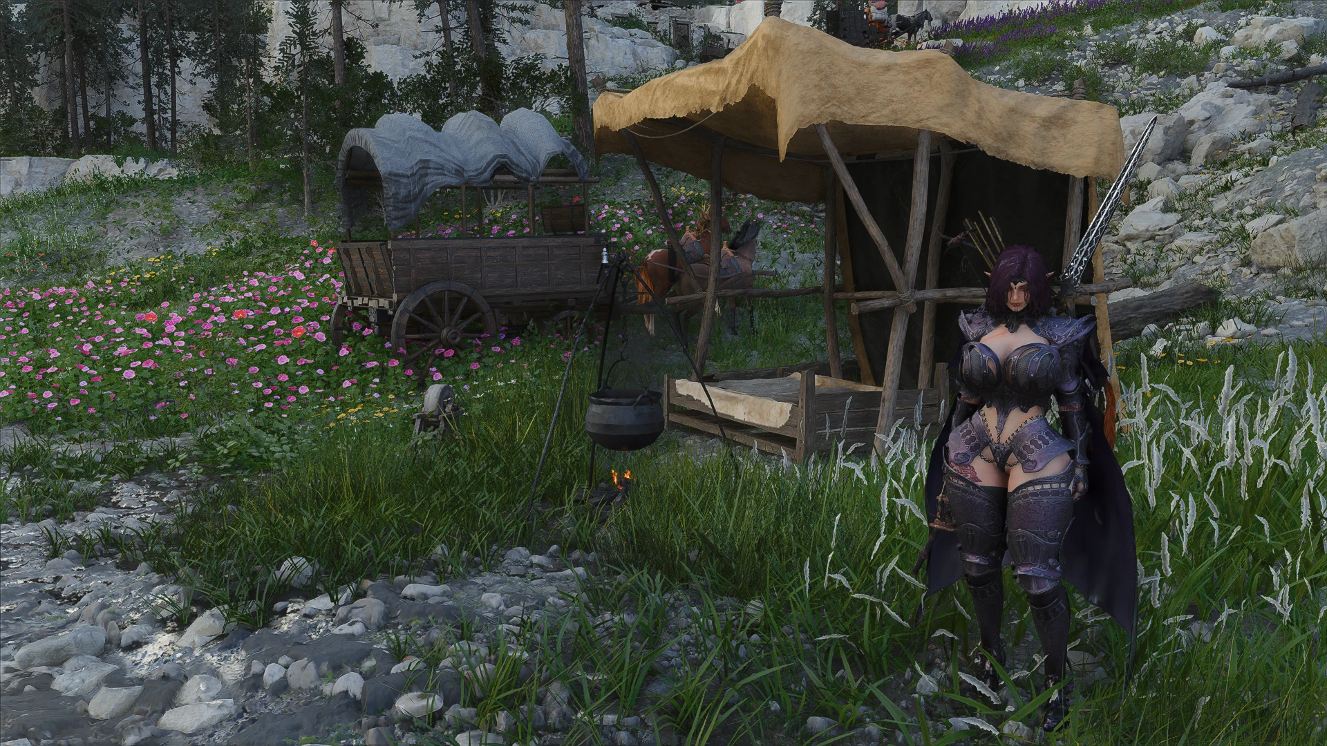 Creator screenshot showing a placed campsite beside a wagon in Crimson Desert.