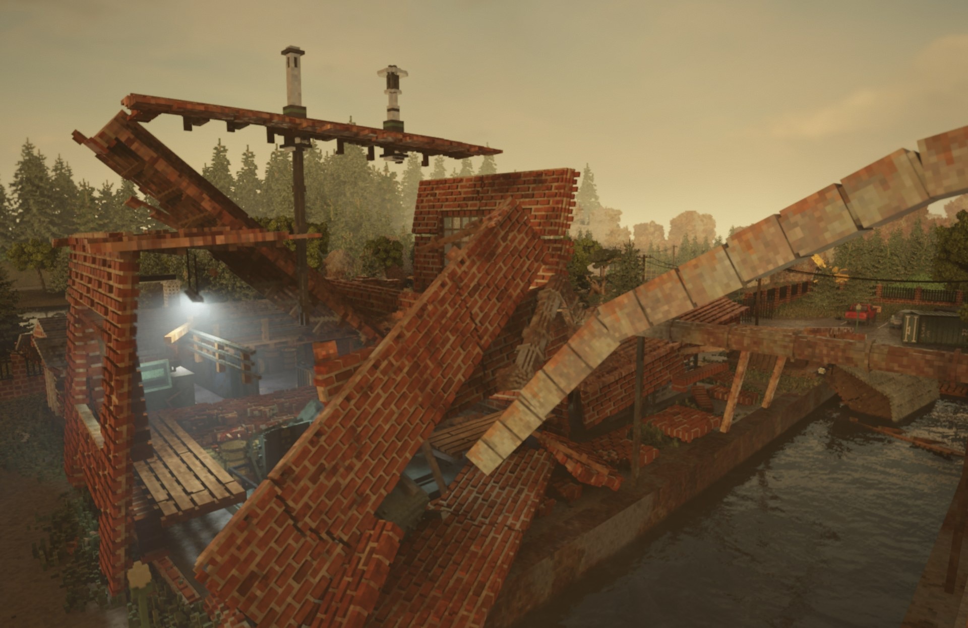 Creator screenshot of a collapsing brick building in SEISMIC for Teardown.