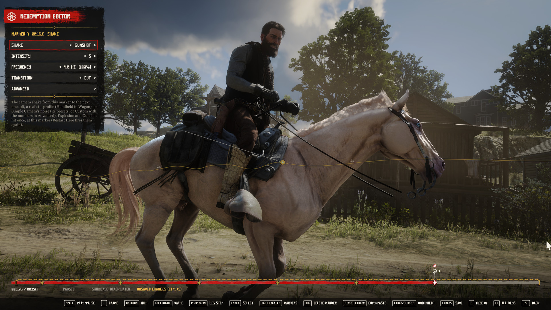 Redemption Editor camera and timeline interface with Arthur riding a horse.
